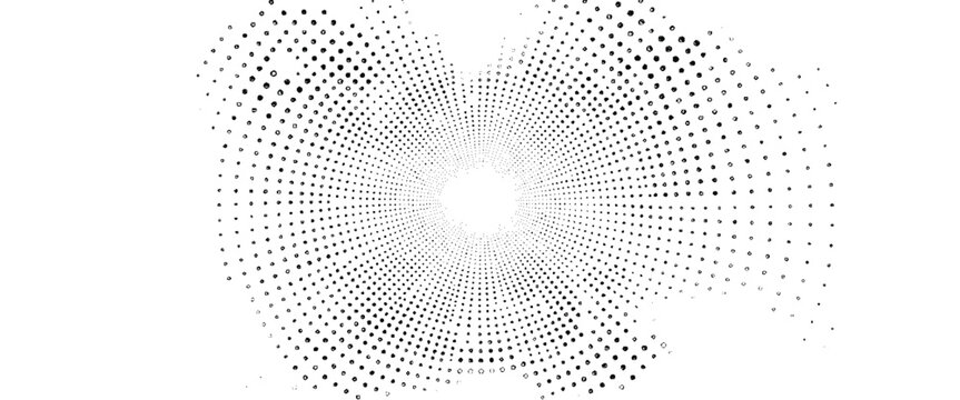 Black and white radial pattern of dots and polygons expanding outwards from a central point on a white background