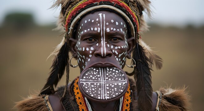 Traditional Indigenous Man Wearing Facial Paint and Headgear in Natural Outdoor Setting