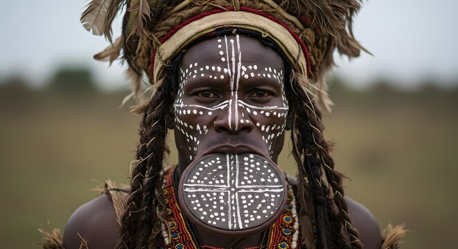 Traditional African Man Wearing Face Paint and Headdress in Cultural Ceremony