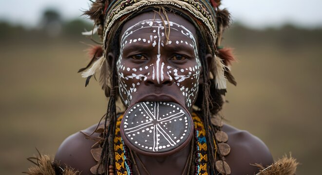 Indigenous Man Wearing Traditional Face Paint and Beaded Jewelry in Natural Landscape