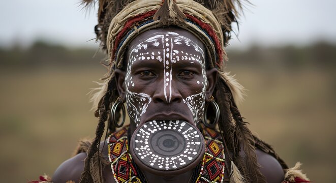 Traditional African Man Wearing Face Paint and Jewelry with Lip Disc in Outdoor Savanna Landscape