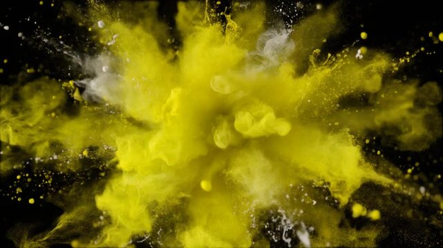 Vibrant Burst of Bright Yellow Paint Splashing Rapidly Outwards Creating Fine Shower of Droplets, Abstract Fluid Explosion
