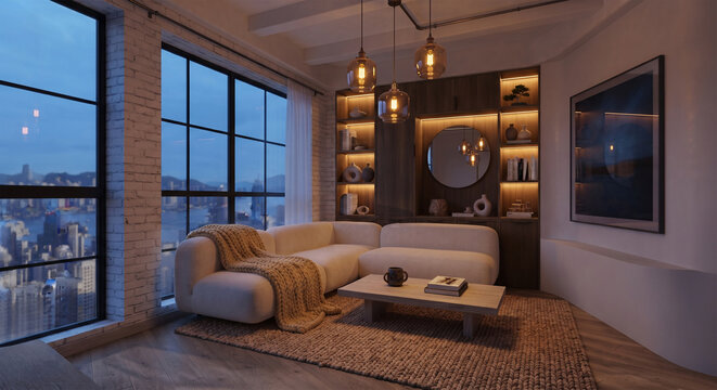 A spacious New York loft living room with exposed whitewashed brick walls and matte black steel window frames. A deep, cream-colored modular sofa with a chunky wool knit throw