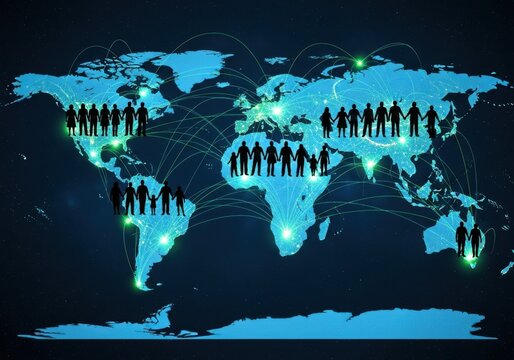 Global business connections world map with silhouettes of business people connecting continents