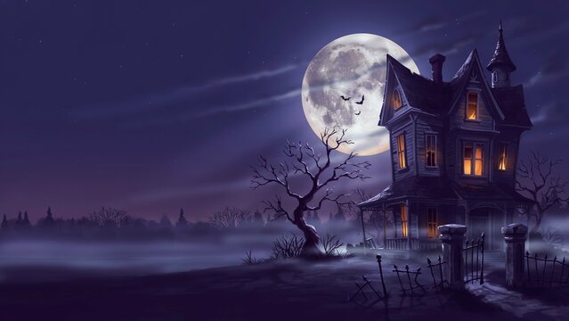 Spooky haunted house on a misty hill under a vast full moon with bare trees and bats