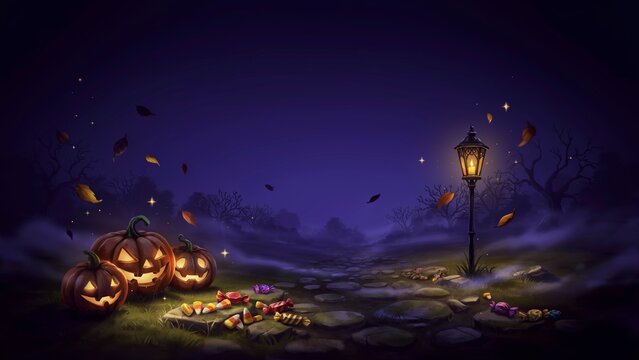 Glowing jackolantern pumpkins and colorful Halloween candy scatter along a cobblestone path by a streetlamp