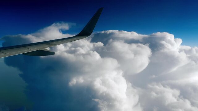 Airplane wing flying above dense white cumulus clouds in bright blue sky, real-time daylight shot from passenger window