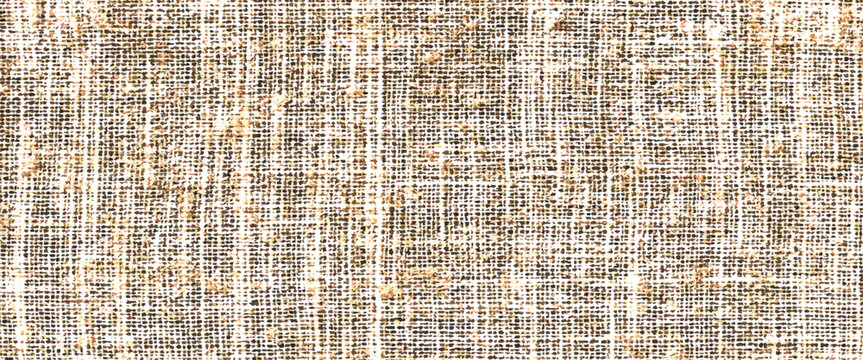 Close up of woven burlap fabric texture with natural brown and white threads creating a rough surface pattern