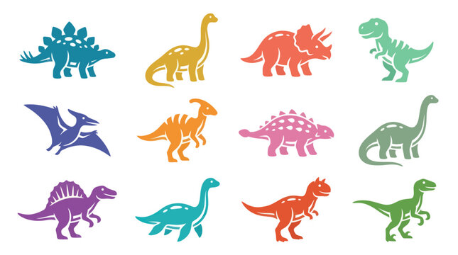 Flat Design Dinosaurs Vector Icon Set. Prehistoric Animal Collection for Education and Kids' Entertainment