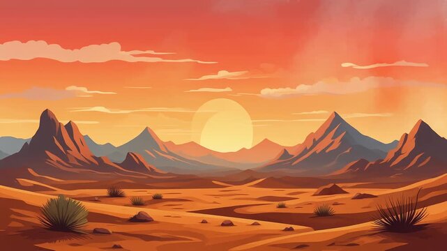 Desert landscape at sunset. Scenic mountain view with golden hour light.