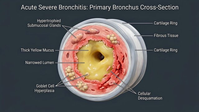 Medical Illustration of Acute Severe Bronchitis Cross-Section Showing Inflamed Bronchus Anatomy with Mucus and Goblet Cell Hyperplasia