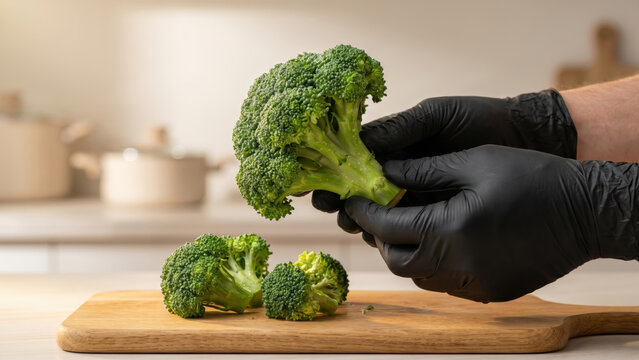 Hands in black gloves prepare fresh broccoli on a wooden cutting board in a bright kitchen.