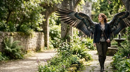 Obraz premium Elegant woman with large majestic dark feathered wings walking through a serene ancient garden path during a sunny day