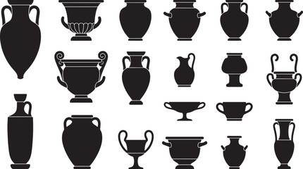 Collection of ancient greek pottery silhouettes, including amphorae, kraters, and hydriae, black on white background Vector © FocusNest