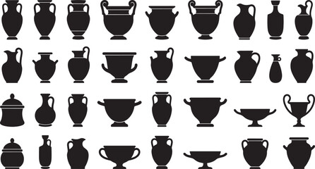 Collection of ancient greek pottery silhouettes, various amphora, krater, hydria, and urn shapes Vector © FocusNest