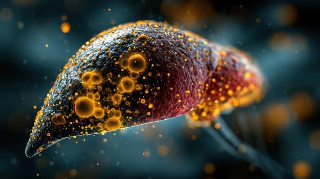 A detailed 3D rendering of a parasite covered in yellow spherical particles, floating in a dark, blurry environment.