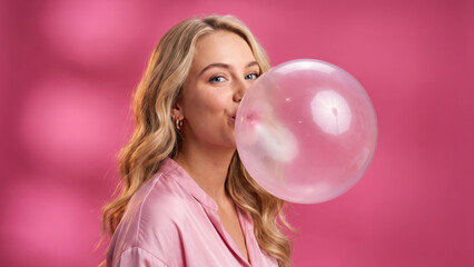 Fototapeta premium Happy young woman blowing a large pink bubblegum bubble against a vibrant pink background.