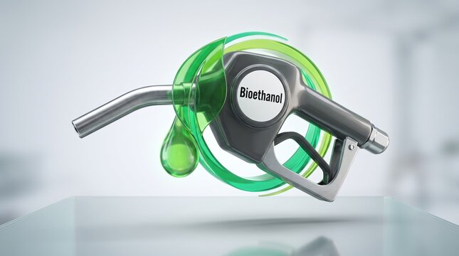A stylized fuel dispenser nozzle hovering over a reflective surface, wrapped in a bright green translucent hose element. It features a distinct Bioethanol text label and an abstract leaf design.