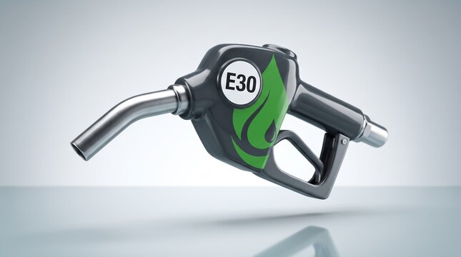 A floating petrol pump nozzle representing the E30 bioethanol blend. It features a glossy black body, metal spout, vibrant green leaf wrap design, and a clear E30 text label on a white circle.