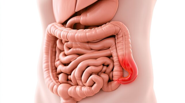 Anatomical illustration of inflamed appendix adjacent to intestines