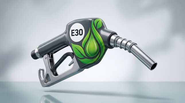 Modern fuel pump nozzle hovering above a gently reflective base. The dispenser highlights an E30 alternative fuel blend with a crisp white circular E30 label and green botanical graphic elements.