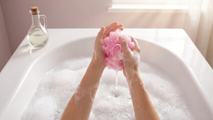 Fototapeta premium Person bathing in a bathtub, hands squeezing a pink bath sponge creating rich foam.