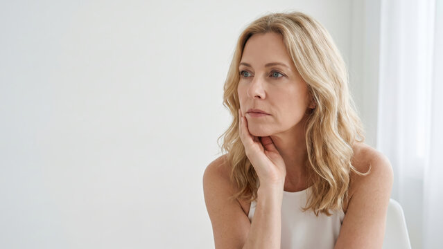 Pensive adult woman thinking seriously with a thoughtful expression on her face.