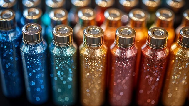 Colorful glitter water bottles displayed, close-up;  retail product shot