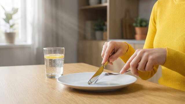 Woman's hands holding a fork and knife over an empty plate on a wooden dining table.