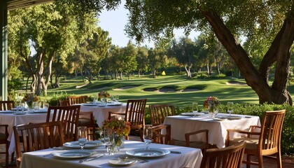 Fototapeta premium Elegant outdoor dining setting overlooks a picturesque golf course