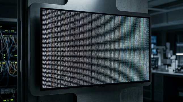 Digital data streams on screen in server room, close up of DNA sequence
