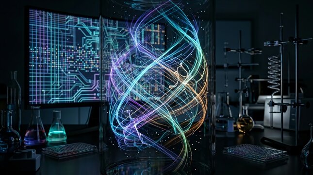 Abstract energy vortex in lab setting with circuit board display