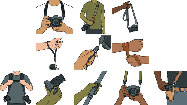 Camera Strap and Accessories Vector Icon Set Showing Hands Holding DSLR Gear, Neck Straps, Wrist Bands, and Holsters for Photography Graphic Designs