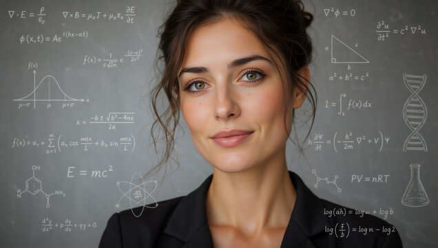 Portrait of confident young female scientist with physics and math formulas on chalkboard. Woman in stem education and science concept