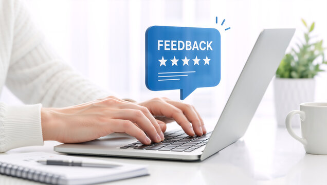 Hands typing on laptop with five star feedback icon. Customer review and satisfaction rating concept. Person working at desk with notebook and coffee cup