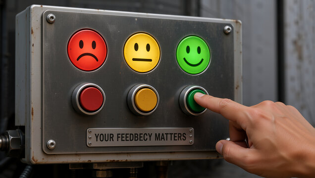 Hand pressing a green happy face button on a feedback terminal. Customer satisfaction voting machine. Industrial style rating panel with colored buttons