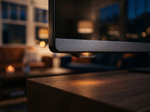 Television standby power button glowing orange on a dark wood console in a cozy room