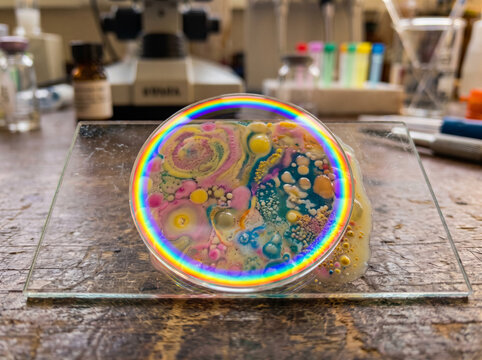 Colorful bacterial colony culture in a petri dish with rainbow light