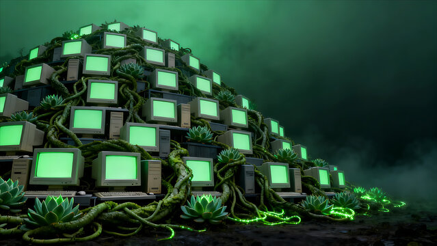 Sci-Fi surrealism technology burnout background with stacked blank glowing monitors
