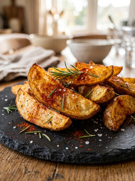 Oven baked seasoned potato wedges garnished with fresh rosemary and sea salt on a slate plate