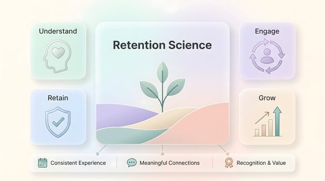 Strategic customer retention science diagram showing business growth and employee engagement lifecycle on modern interface