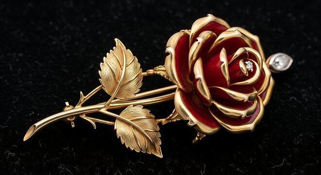 Luxury gold and ruby rose brooch.