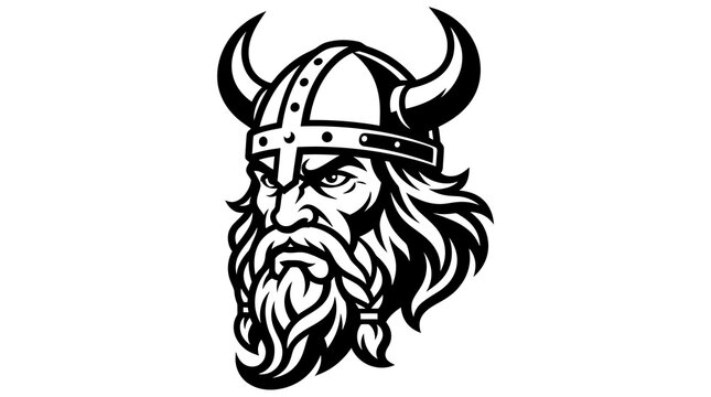 Fierce viking warrior head illustration featuring braided beard and horned metal helmet.
