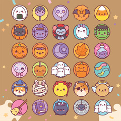Obraz premium Cute Halloween Round Character Sticker Collection Vector Set