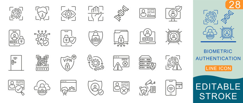 Biometric Authentication Line Icon Set &ndash; Face ID, Fingerprint, Iris Scan, Passkey, MFA, Digital Identity,  Editable Stroke Vector