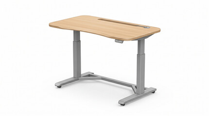 Fototapeta premium Modern adjustable standing desk with wooden surface and silver metal legs.