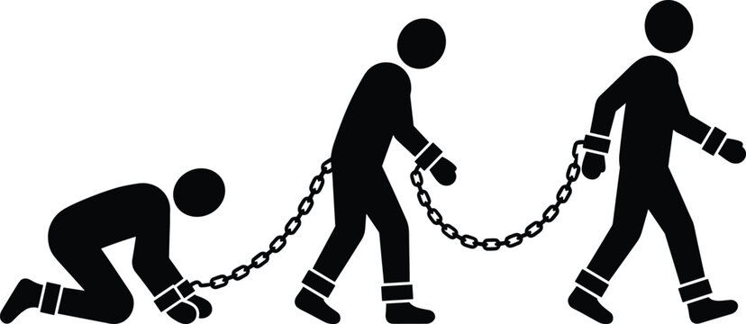 Silhouette illustration of chained prisoners in a row, concept of captivity, freedom restriction, slavery, and criminal justice, isolated graphic.
