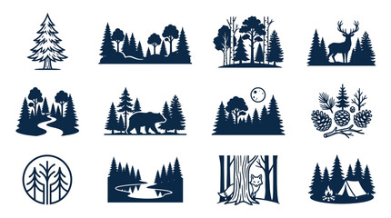 Nature silhouette icons and forest animal scenes. © ragil