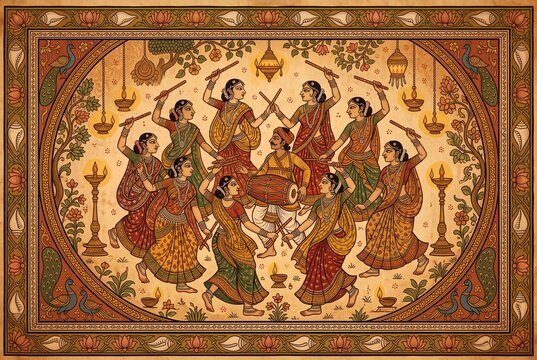 Women Performing Garba Dandiya Dance Traditional Pattachitra Folk Art