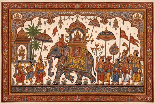 Decorated Temple Elephant Procession With Goddess Lakshmi Pattachitra Folk Art